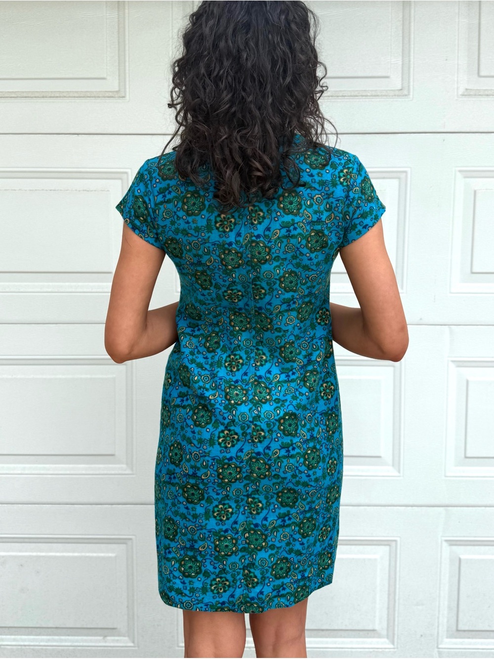 Vintage 60s Sheath Mini Dress Blue & Green Fine Wool blend Shirt Sleeve bodycon - Picture 4 of 6